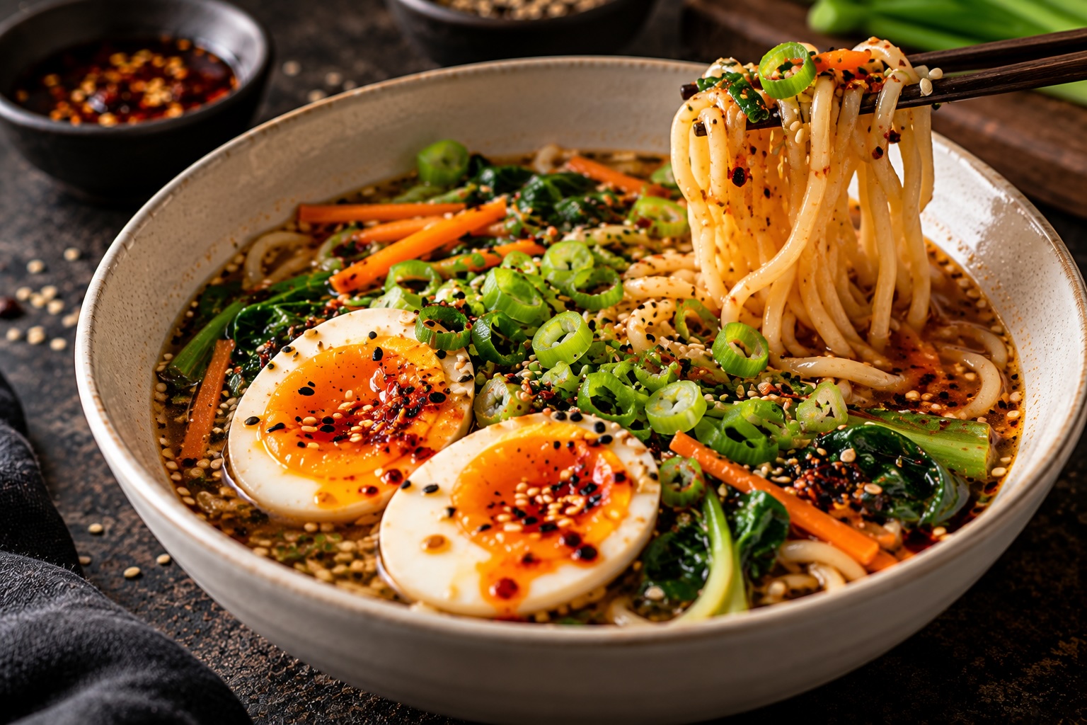 Fertige Ramen mit Ei, Frühlingszwiebeln, Sesam und Chiliöl